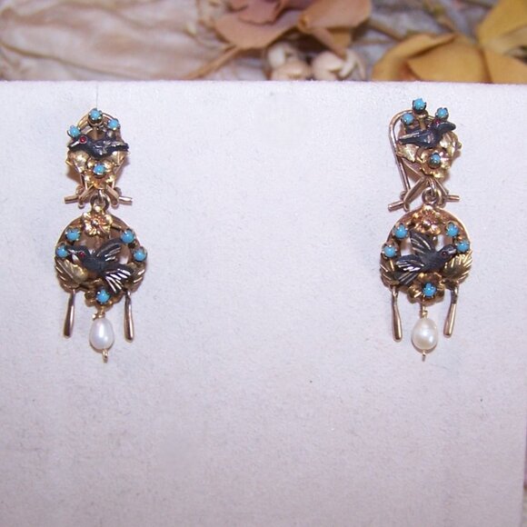 Victorian Revival Mexican 10K Gold Fine Silver Turquoise Dangle Earrings - Picture 5 of 8